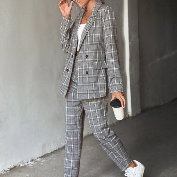 Multi color Womens Plaid Double Breasted Blazer And Pants Set - Picture 2 of 3